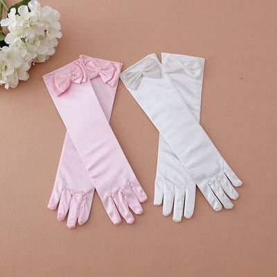 Flower girl long gloves, children's piano performance, girls' satin elastic gloves, solid color bow interphalanx gloves, long