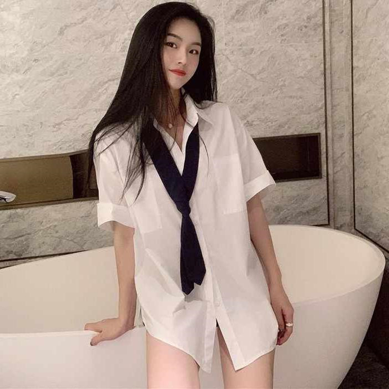 Japanese-Style Jk Uniform Short-Sleeved Tie Shirt for Girls, Summer College Style, Unique Design, Mid-Length White Shirt