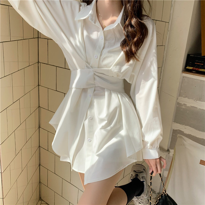 French-Style White Dress for Women, Spring and Autumn 2026 New Design, Niche, Waist-Cinching, Slimming, Long-Sleeved Shirt A-Line Skirt