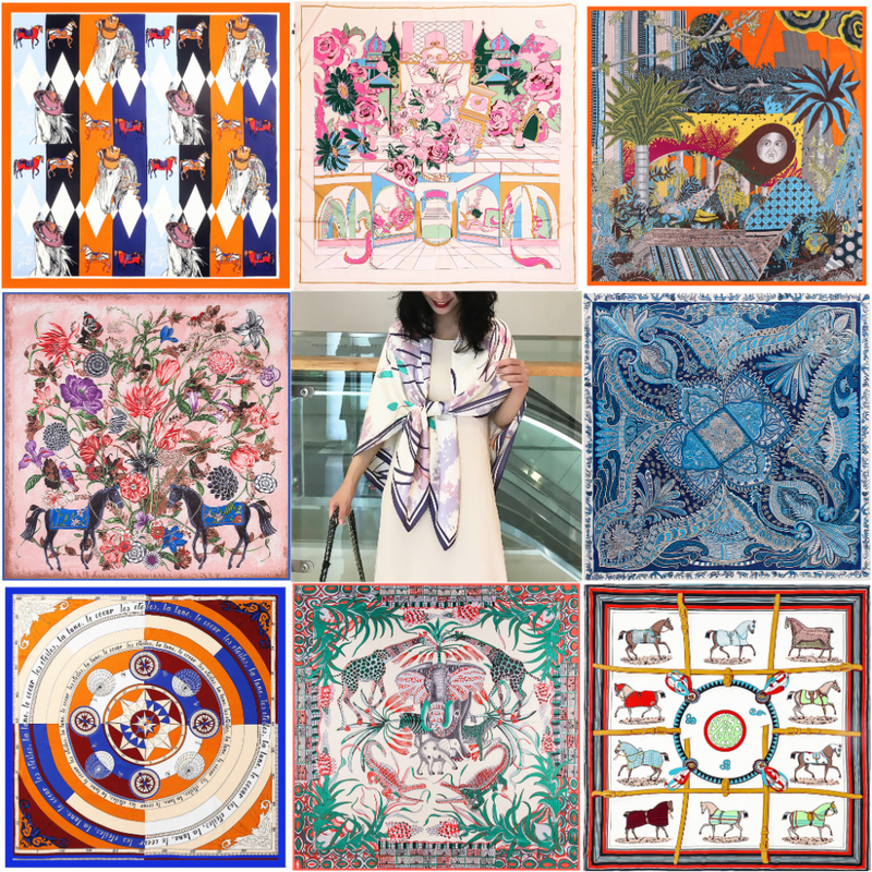 Cross-Border European and American Style 130*130 Large Square Scarf Floral Carriage Pattern Twill Silk Scarf Sun Protection Shawl Women's Headscarf