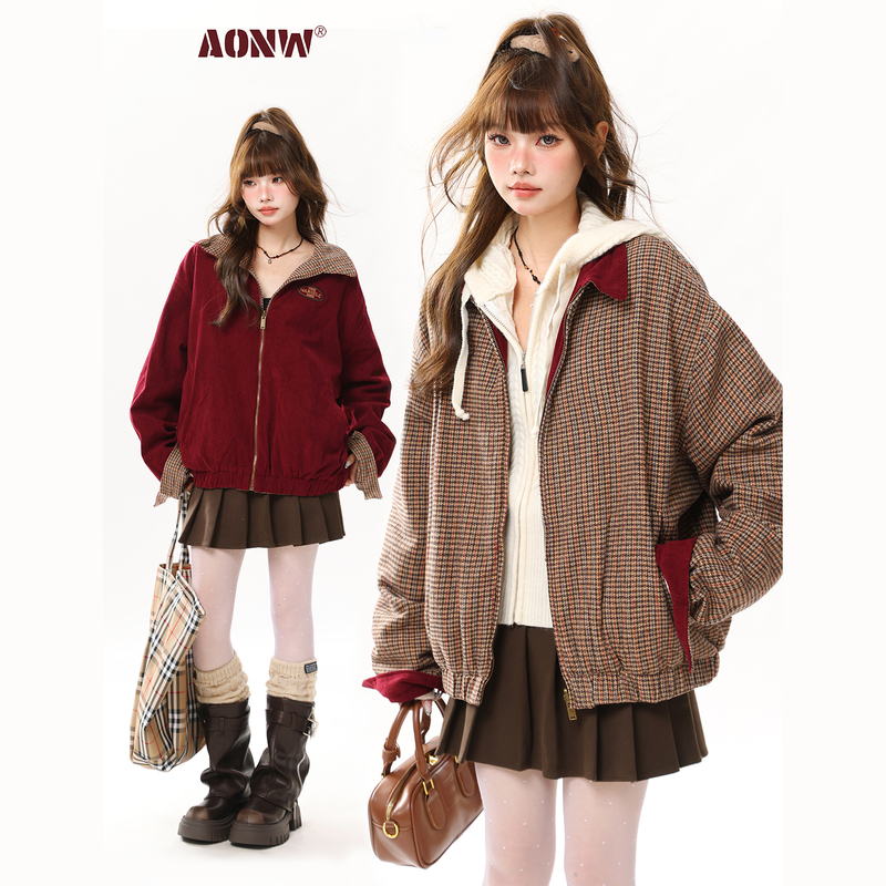 Aonw Retro Houndstooth Reversible Jacket for Women, New Autumn Design, Loose Corduroy Patchwork Jacket