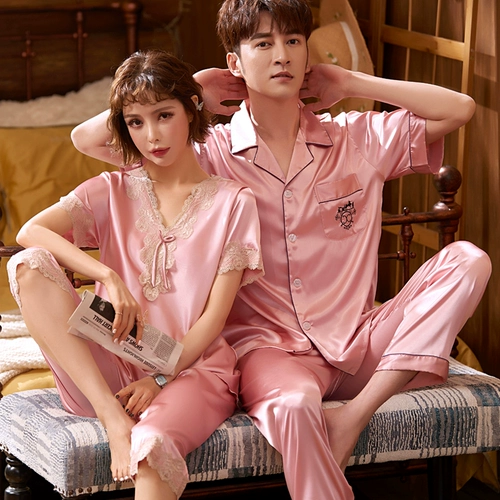 Летняя шелковая пижама для влюбленных, кружевные штаны, домашняя одежда, короткий рукав, простой и элегантный дизайн, в корейском стиле
