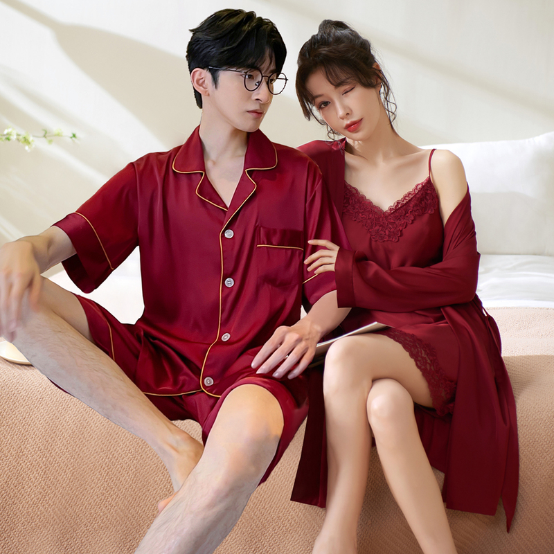 Lezimeng Wedding Pajamas for Women, Summer Ice Silk Bride and Groom Couple Short-Sleeve Set, Red High-End Zodiac Year