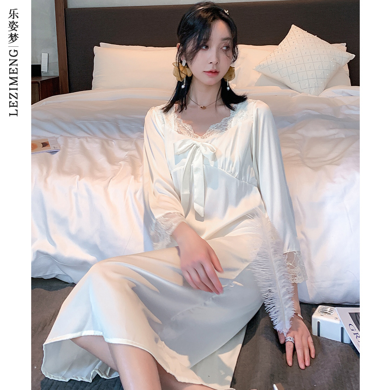 Lezimeng Nightgown Pajamas for Women, Spring and Autumn, Thin Ice Silk, Sexy, 2026 New Silk Internet Celebrity Dress Lezimeng Nightgown Pajamas for Women, Spring and Autumn, Thin Ice Silk, Sexy, 2026 New Silk Internet Celebrity Dress