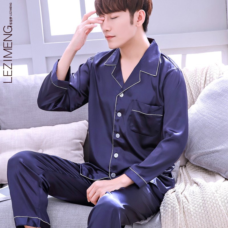 khe cắm bộ đồ ngủ Mens Xuân Thu Silk Long Sleeve hai mảnh bộ Hàn Quốc phiên bản lụa băng mỏng trẻ cộng với sân nhà quần áo.