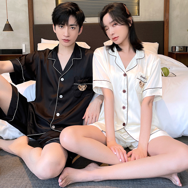 2 Sets of Couple Pajamas for Women, Summer Ice Silk Short-Sleeved Shorts, Cute Bear New Style, Summer Men's Two-Piece Set