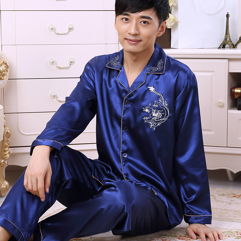 khe cắm bộ đồ ngủ Mens Xuân Thu Silk Long Sleeve hai mảnh bộ Hàn Quốc phiên bản lụa băng mỏng trẻ cộng với sân nhà quần áo.