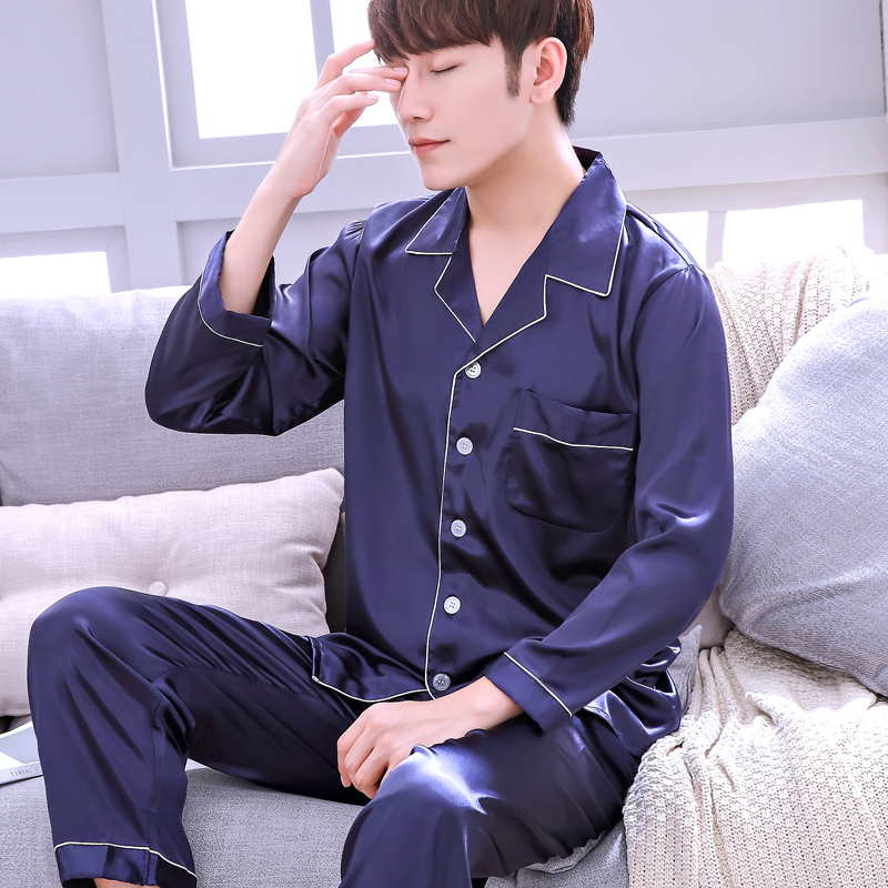 khe cắm bộ đồ ngủ Mens Xuân Thu Silk Long Sleeve hai mảnh bộ Hàn Quốc phiên bản lụa băng mỏng trẻ cộng với sân nhà quần áo.