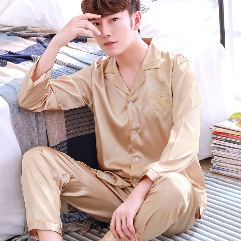 khe cắm bộ đồ ngủ Mens Xuân Thu Silk Long Sleeve hai mảnh bộ Hàn Quốc phiên bản lụa băng mỏng trẻ cộng với sân nhà quần áo.