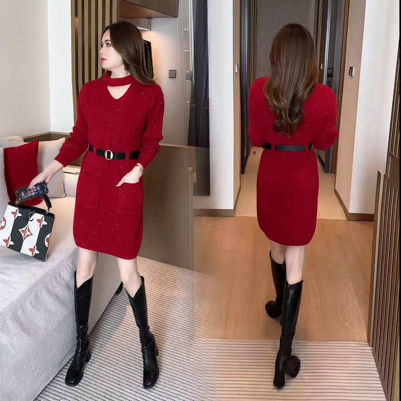 New Year's Red Christmas Sweater Dress, Mid-Length, Winter 2025 New Style, Age-Reducing, Waist-Cinching, Inner Layer, Knitted Skirt