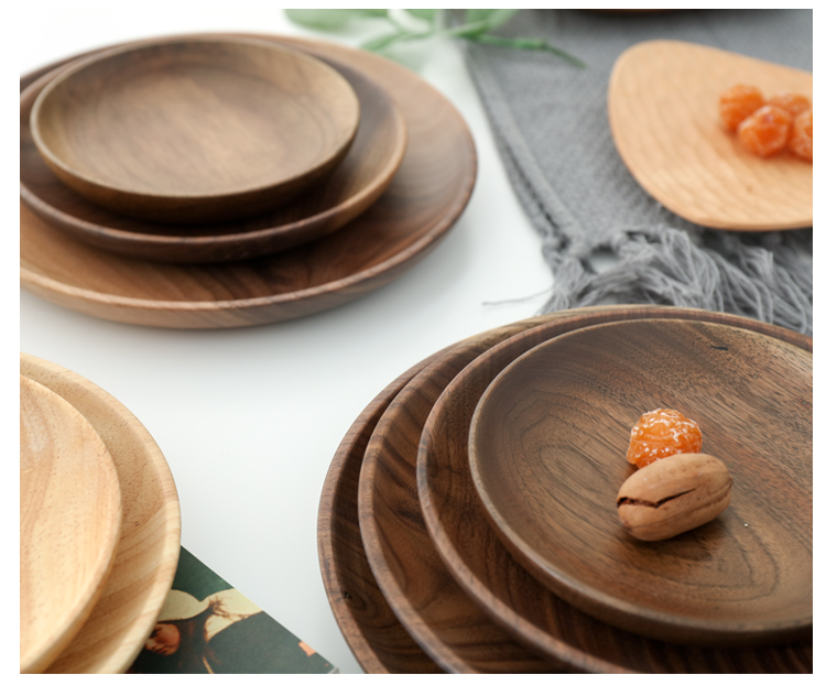 Nhật Bản Elm Cao su Gỗ Đen Walnut Disc Snack Món tráng miệng Món ăn Nuts Hạt giống Đĩa tròn bằng gỗ - Tấm khay trà gỗ giá rẻ