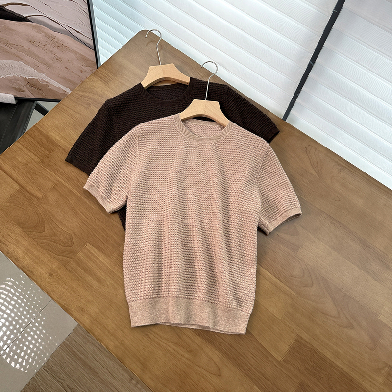 Ren Suxi's Same Style, High-End L*P Early Autumn New Product, Waffle Knit Cashmere Short-Sleeved Women's Round Neck Top Set