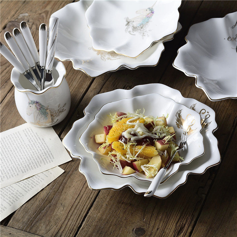 Ceramic plate Fruit dishes dishes household dishes hotels dishes creative Western dishes plates pure white circular lotus shaped