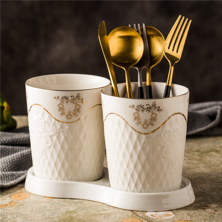European-style ceramic chopsticks holder, draining chopsticks cage, tableware storage box, household chopsticks holder, mildew-proof double barrel creative