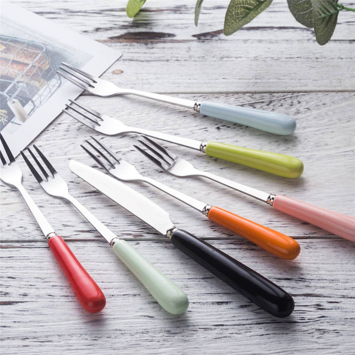 Home cute creative ceramic handle stainless steel fruit fork color fruit sign household moon cake fork cake dessert fork