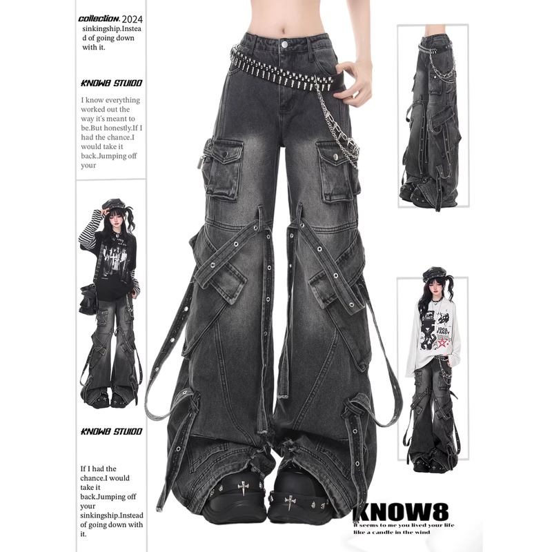 Know8 Original Punk-Style Jeans with Distressed Straps, Vintage Tassels, Pockets, Wide-Leg Pants, Same Style as Wang Lujie Know8 Original Punk-Style Jeans with Distressed Straps, Vintage Tassels, Pockets, Wide-Leg Pants, Same Style as Wang Lujie