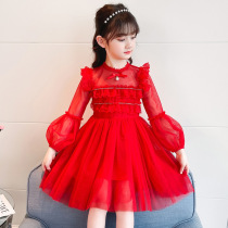 Girl Dress Girl Dress Spring Summer Style CUHK Child White Long Sleeve Mesh Yarn Dress Performance Red Princess Nepotism Bubble Sleeve Gown