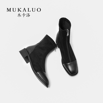  Wooden Carlo booties womens new autumn and winter mid-heel ankle boots frosted front zipper thick heel leather small heel Martin boots