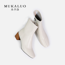 Short boots womens thick heels 2019 autumn and winter new leather square head thin and naked boots wild white high-heeled Martin boots