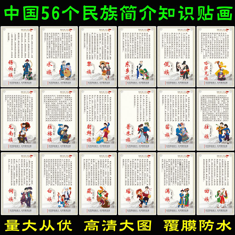China's 56 national posters design campus culture children early teaching minority profile self - adhesion chart