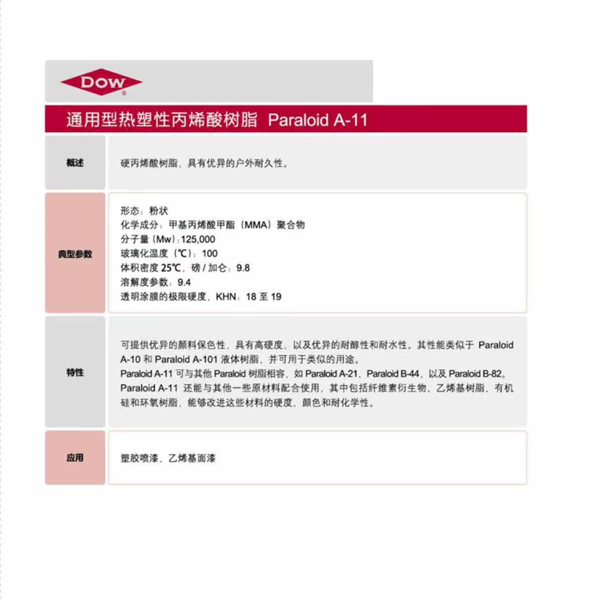 代理出售 美国陶氏DOW  A-11硬的热塑性丙烯酸树脂Paraloid A-11
