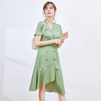 N*NAW* AIN pure colour one-piece dress asymmetrical skirt hem short sleeve double-row button one-piece dress slim 24 Summer