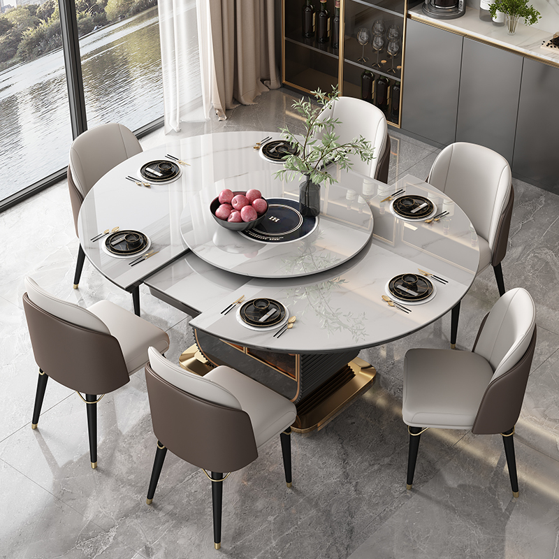 Imported Bright Slate Dining Table Hidden Induction Cooker Hot Pot Integrated Telescopic Multi-Functional Folding Dining Table with Turntable