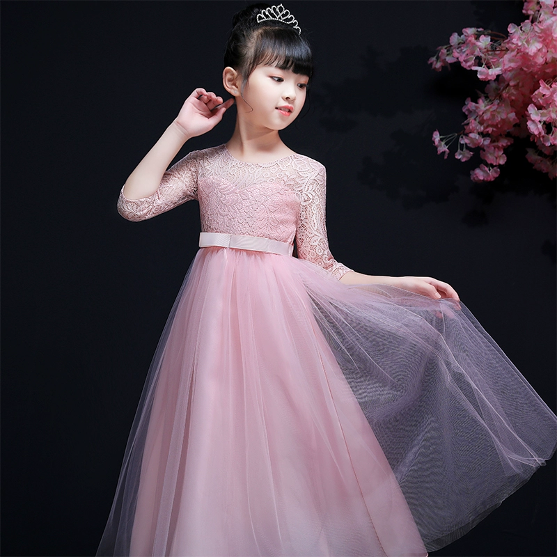 Váy hoa cho bé gái màu trắng cộng với nhung công chúa quý phái Váy bé gái bằng sợi bông trang phục biểu diễn váy dài váy trẻ em 10 tuổi
