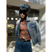 He Yimo American retro shoulder pad denim jacket female 2023 early spring new oversize couple jacket tide