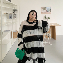 How foam vintage2021 year new striped sweater women Spring and Autumn thin loose lazy trend ins
