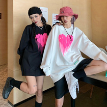 How to foam American retro love printed sweater female spring and autumn thin model 2021 new round neck loose casual top