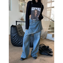 He Yimo Tide brand personalized fried street fake two-piece jeans womens 2022 winter new all-match straight-leg mopping pants