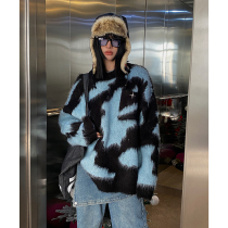 He Yimo Lazy Style Tie-Dye Contrast Color Sweater Womens 2022 Winter New Loose Slim Mink Hair Temperament Tops