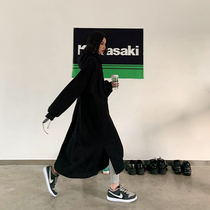 Why mo plus velvet sweater womens loose Korean version of the mid-length hooded cover head coat foot split casual sweater trend