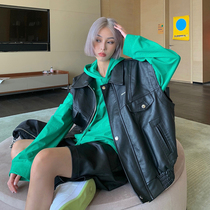 How foam black puleather vest female 2021 Autumn New American Street retro sleeveless leather jacket tide