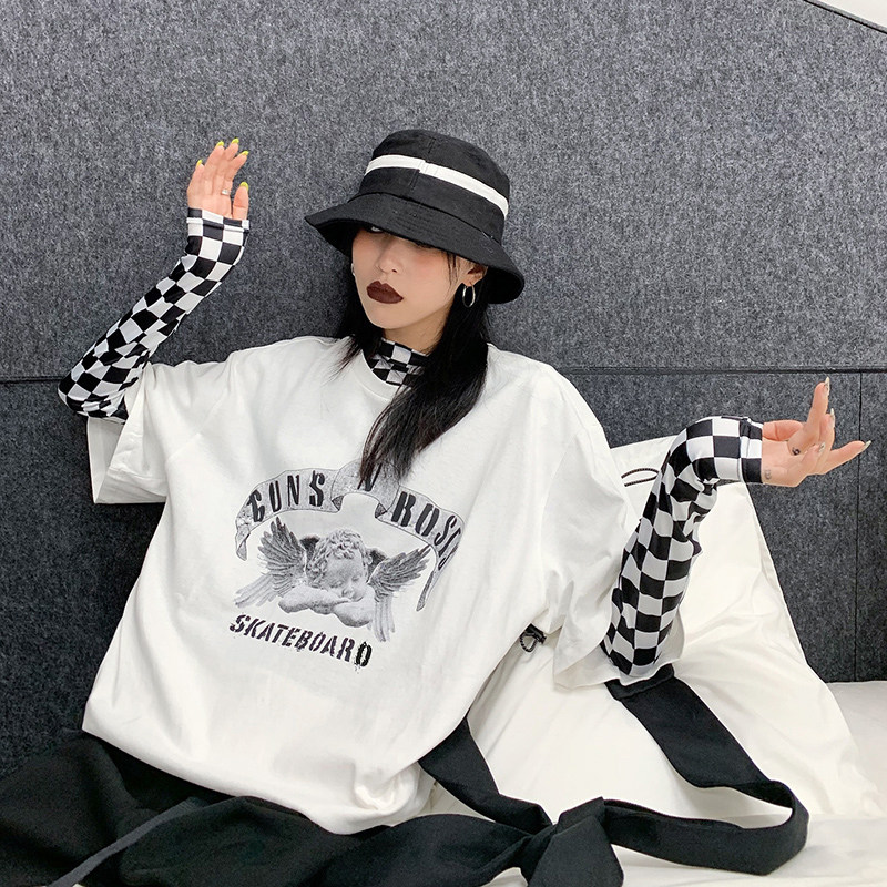 How Foam Angel Printed White Short Sleeve T-shirt Woman 2022 Summer New Loose Inner Lap of the Lap Collar