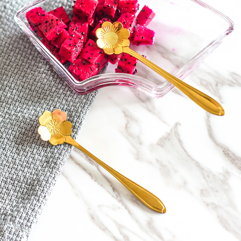 Day Style Stainless Steel Golden Flowers Spoon Creative Coffee Spoon Cherry Blossom Stirring Spoon Small Spoon Sweets Spoon Spoon-Taobao