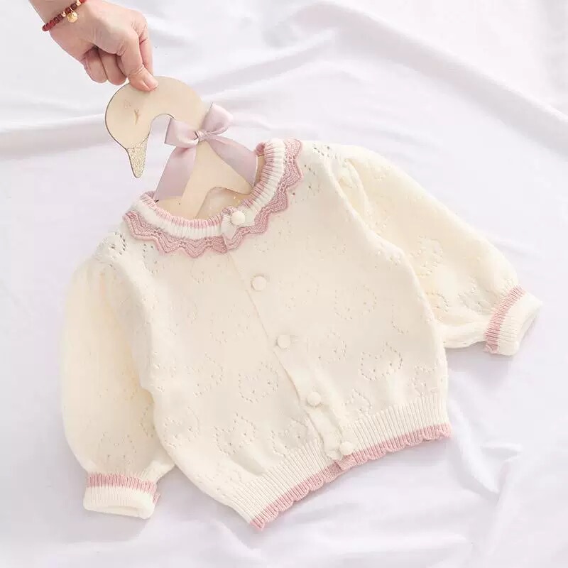 Girls' Outerwear Sweater Cardigan Jacket Autumn and Winter Children's Stylish Lace Hollow Baby Infant Thin Knitted Top
