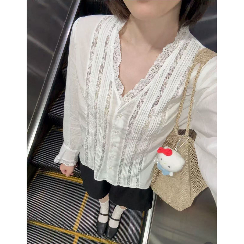 Brandy Bm New V-Neck Lace Trim Button White Bell-Sleeve Shirt Women's Bm Long-Sleeve Versatile Shirt Trendy