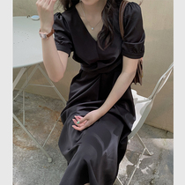 Twins original black satin v-neck high temperament small ribbon waist high short sleeve dress female