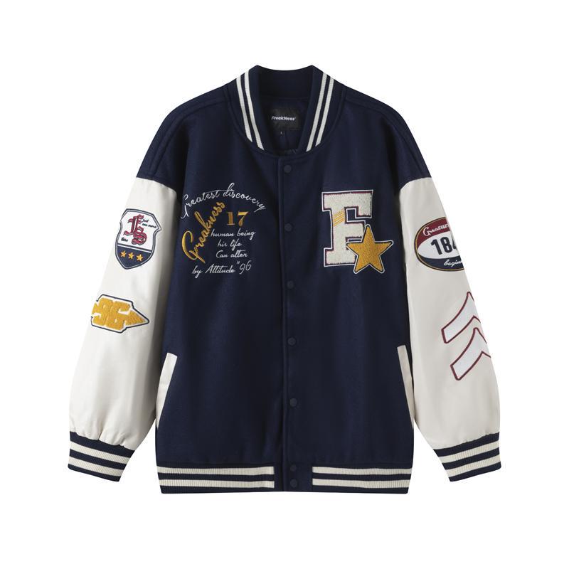 Freakness Trendy Spring and Summer American Retro Street Heavy Wool Baseball Jacket with Towel Embroidery Letters Freakness Trendy Spring and Summer American Retro Street Heavy Wool Baseball Jacket with Towel Embroidery Letters