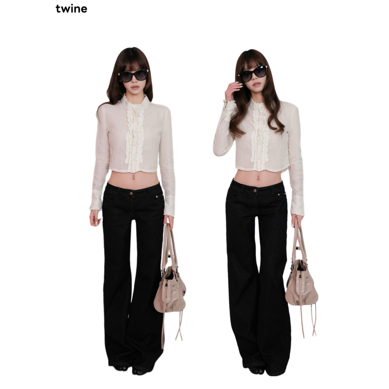 Twine Off-White Lace Patchwork Pleated Textured Slim-Fitting Short Long-Sleeved Top