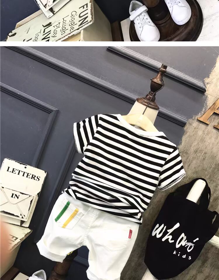 Bộ đồ mùa hè cho bé trai Mới 2018 thời trang sọc ngắn tay áo thun đáy quần + quần denim phù hợp với áo hai dây kinh doanh quần áo trẻ em