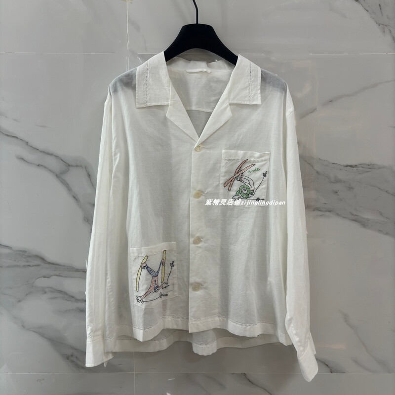 French-Style Vintage Playful Painting Embroidery Print Breathable Comfortable Linen Hollow-Edged Cuban Collar Shirt