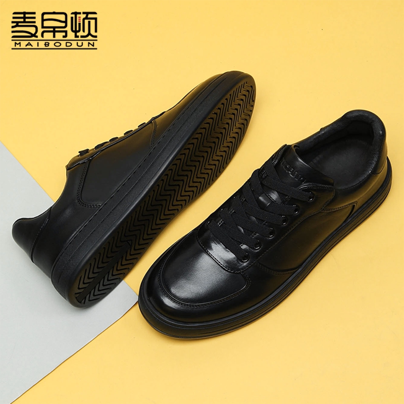 Maiton Casual Leather Shoes for Men, New Spring and Autumn Models, Black Versatile Men's First-Layer Cowhide Soft-Soled Genuine Leather Sneakers