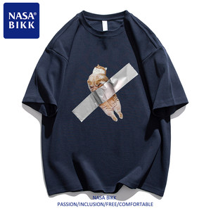【A Orange Cat】Nasa Pure Cotton T-Shirt with American-Style Print, Summer Unisex Couple Round Neck Loose Versatile Short Sleeve
