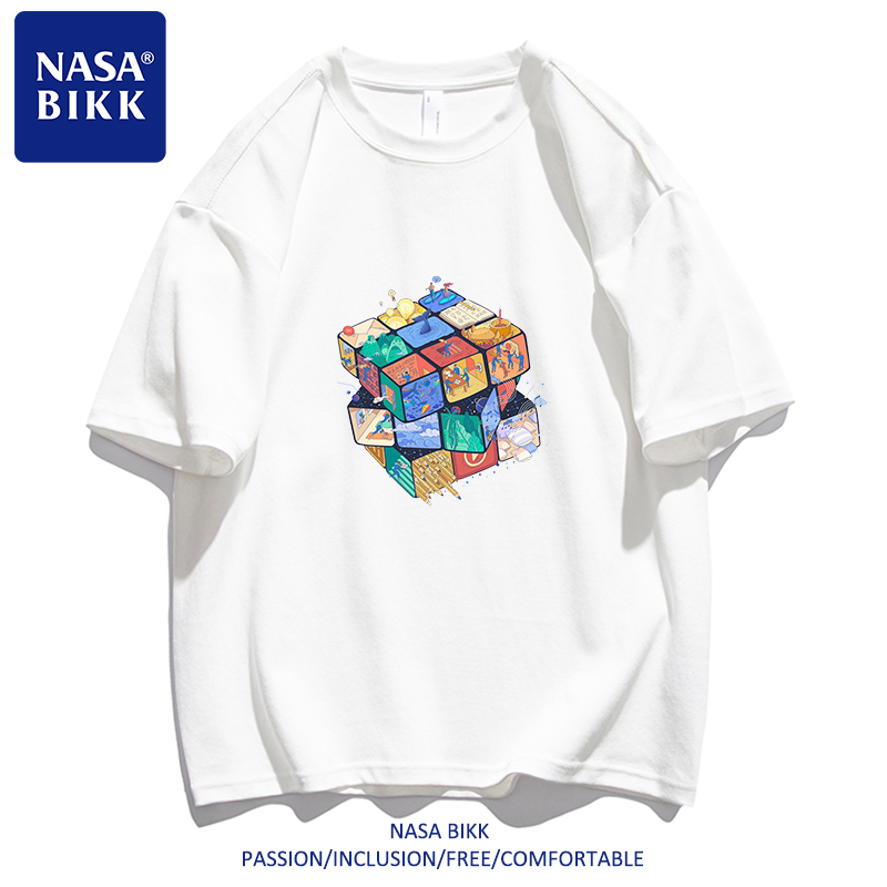 [Fantasy Rubik's Cube] Short-Sleeved T-Shirt for Men and Women, Pure Cotton, Summer American-Style Print, Versatile for Couples, Round Neck, Loose Half-Sleeve
