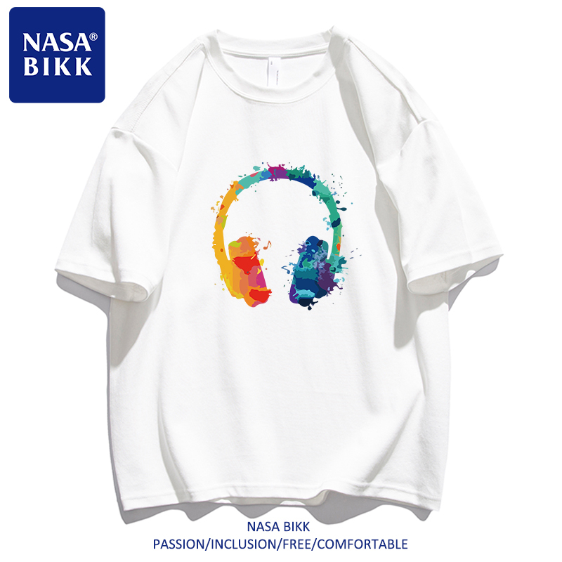 [Colorful Headphones] Nasa Pure Cotton T-Shirt with American-Style Print, Summer Unisex Couple Round Neck Loose Versatile Half-Sleeve