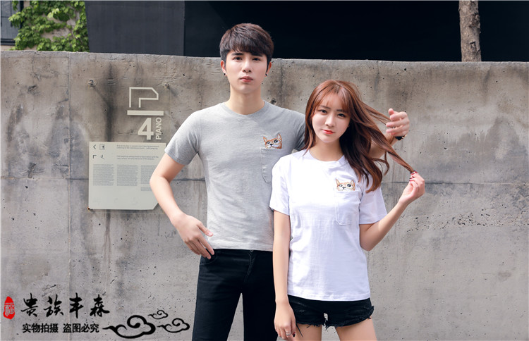 Hàn quốc phiên bản của T-Shirt nam giới và phụ nữ ngắn tay xu hướng lỏng nửa tay vài bộ vòng cổ áo bông thêu kitten t-shirt triều