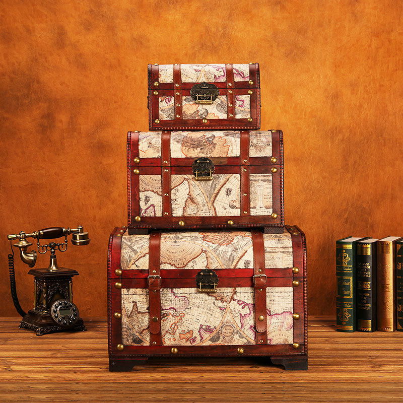 Imitation antique wooden case Nordic style retro containing box map made of old hidden treasure chest shooting props shop window decorations